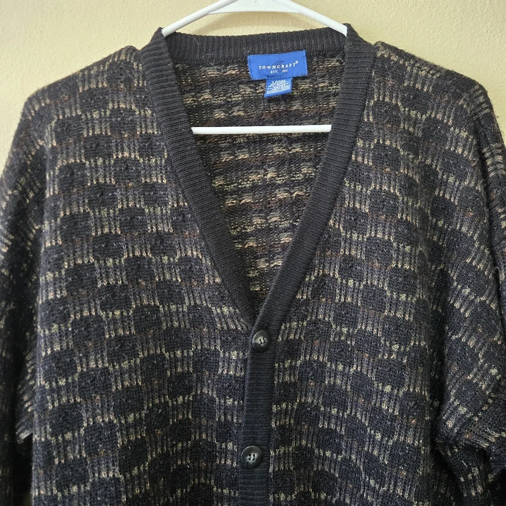 Classic Checkered Towncraft Cardigan Large Grandpa Sweater Oversized Chunky Knit